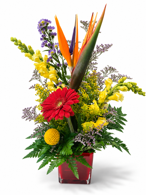 Arrangement floral tropical avec oiseau du paradis, gerbera rouge, fleurs jaunes et violettes dans un vase rouge.