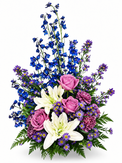 Bouquet de fleurs mauves, bleues et blanches composé de lys blancs, de roses lavande, d’asters pourpres et de delphiniums bleus.