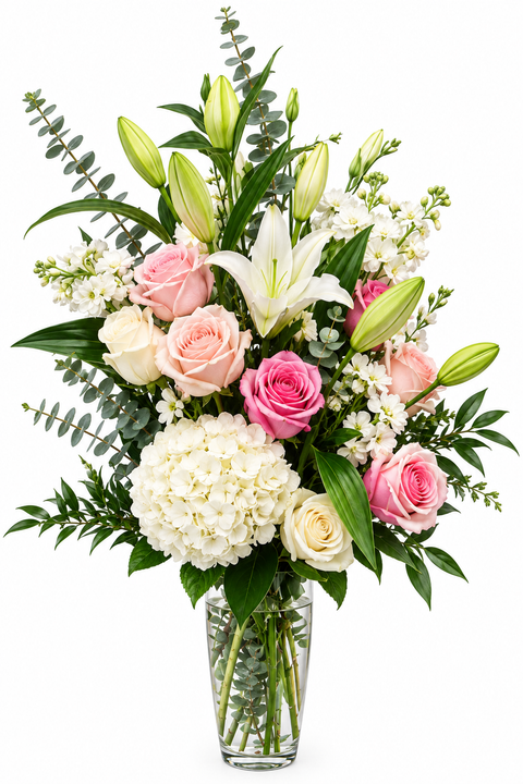 Arrangement funéraire Douceur Rosée avec roses roses et fleurs blanches