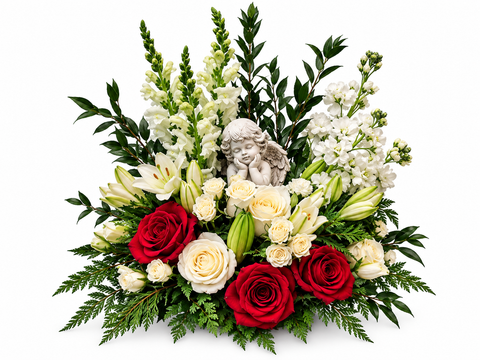 Piqué floral avec ange et fleurs pour rendre hommage à un être cher.