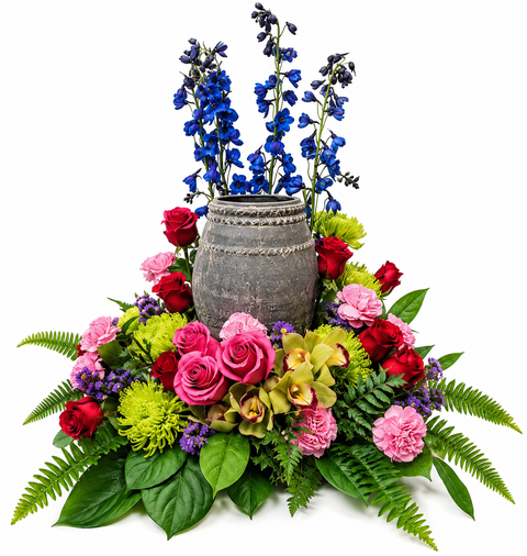 Arrangement funéraire Éclat Boréal avec fleurs blanches et bleues