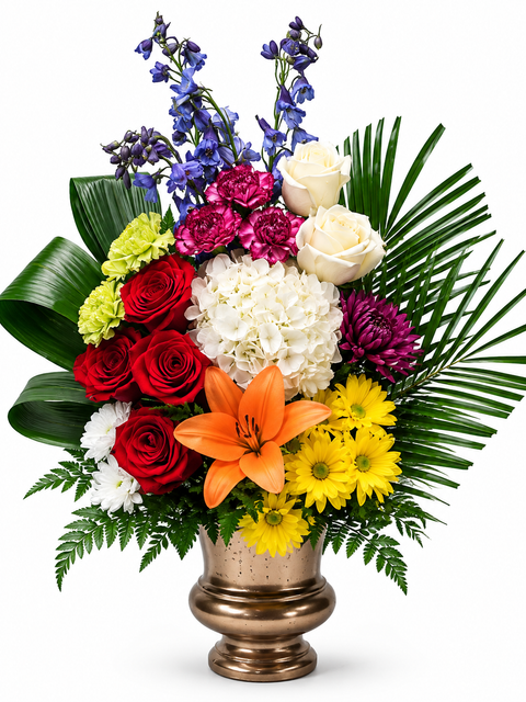 Arrangement funéraire multicolore Harmonie de Couleurs dans un vase en métal, composé de roses rouges et blanches, lys orangés, hydrangée blanche, œillets bicolores, delphiniums bleus, marguerites jaunes et feuillage tropical.