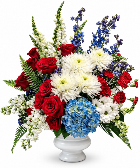 Arrangement funéraire Hommage Tricolore avec roses rouges, chrysanthèmes blancs et hortensia bleu