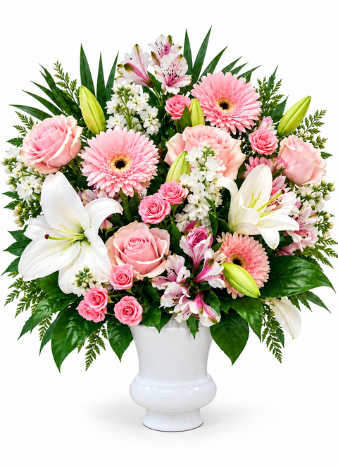 Arrangement funéraire Éclat Rosé avec roses roses et fleurs blanches