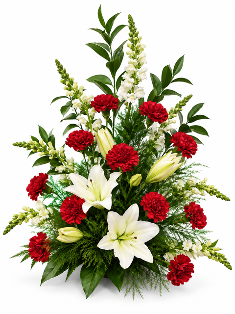 Piqué funéraire avec roses rouges, lys blancs et fleurs blanches