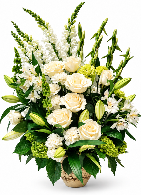 Arrangement funéraire Hommage Pureté composé de roses blanches, de lys, d'alstroémères, de mufliers et de feuillage vert.