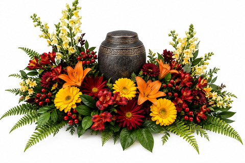 Arrangement funéraire Hommage Automnal avec roses et fleurs aux couleurs automnales