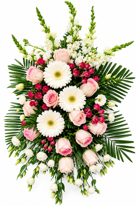 Gerbe funéraire composée de roses roses et de fleurs blanches