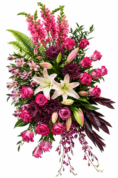 Souvenir Majestueux – Arrangement funéraire bourgogne et lilas : L36