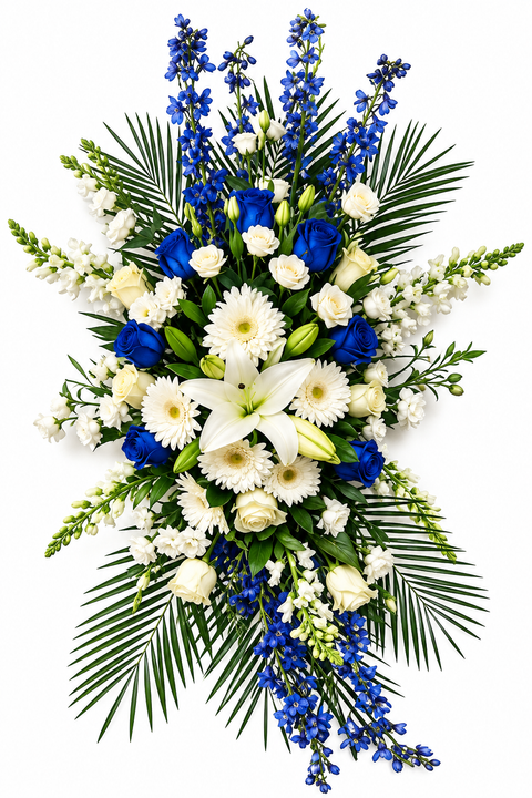 Gerbe funéraire avec roses bleues, roses blanches, lys blancs et fleurs bleues.