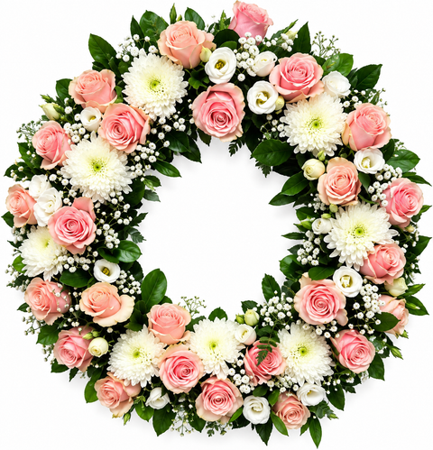 Couronne funéraire circulaire composée de roses roses, de fleurs blanches et de feuillage verdoyant.