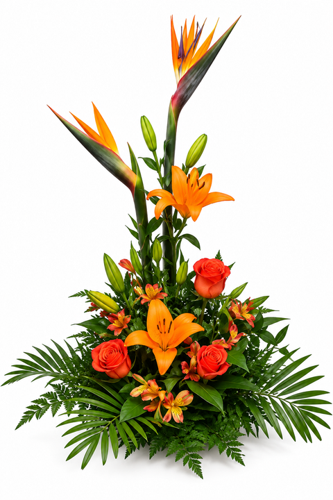 Arrangement floral exotique Soleil Tropical composé d'oiseaux du paradis, de lys orange, de fleurs tropicales et de feuillage luxuriant dans une composition verticale.