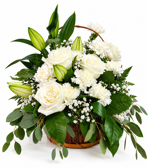 Panier funéraire composé de roses blanches, fleurs blanches et boutons de lys.