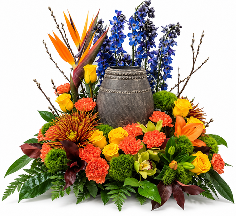 Arrangement floral funéraire Rayonnement de Vie pour urne, composé de roses jaunes, œillets orangés, lys, oiseaux du paradis, orchidées, delphiniums bleus et feuillage tropical.