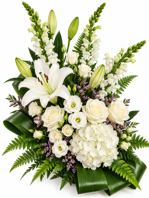 Arrangement funéraire Éclat Ivoire avec roses blanches et fleurs délicates