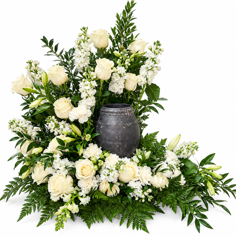Arrangement funéraire Hommage Ivoire avec roses blanches et fleurs ivoire