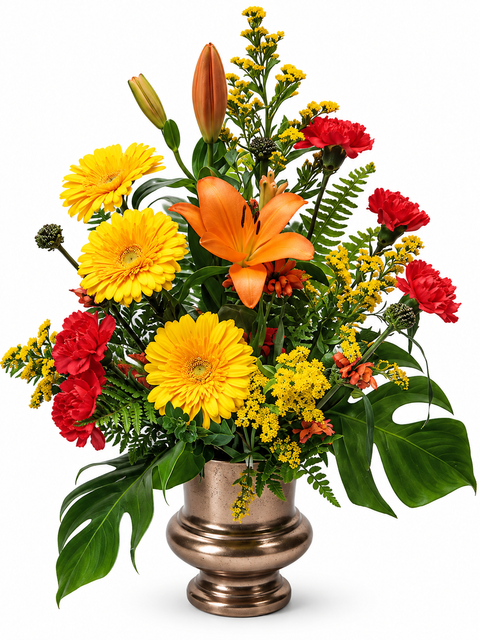 Arrangement funéraire Hommage Soleil avec tournesols, roses jaunes et fleurs blanches