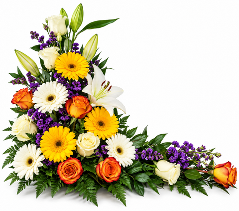 Piqué funéraire Hommage Lumière avec roses, gerberas, lys et fleurs blanches