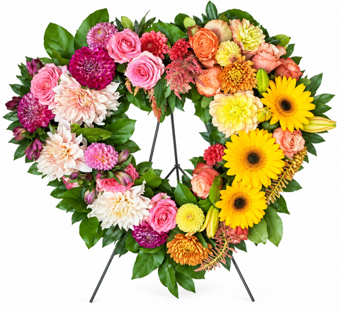 Couronne funéraire circulaire composée de fleurs multicolores dans des tons de rose, jaune, orange, rouge et blanc, accompagnées de feuillage luxuriant.