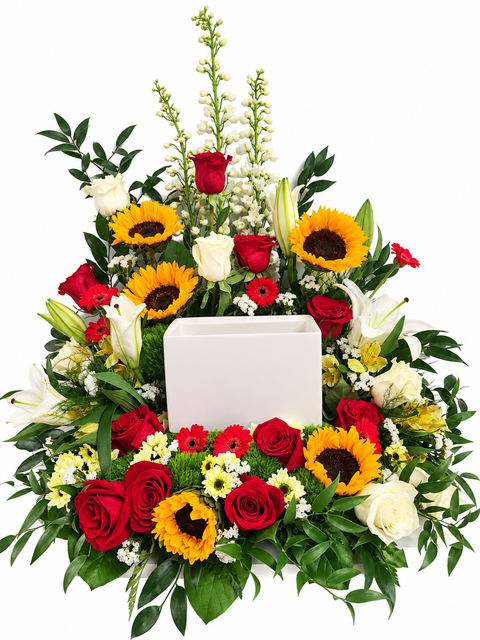 Arrangement funéraire Hommage Éclat Solaire avec tournesols et fleurs jaunes