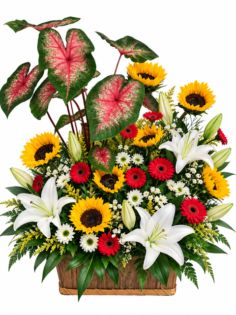 Panier floral composé de tournesols, lys blancs et gerberas rouges.
