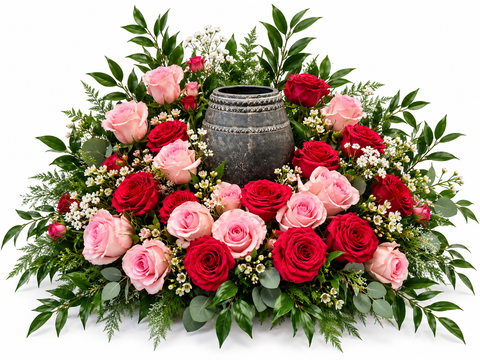 Arrangement floral funéraire Souvenir d’Amour pour urne, composé exclusivement de roses dans des nuances de rose pâle et de fuchsia.