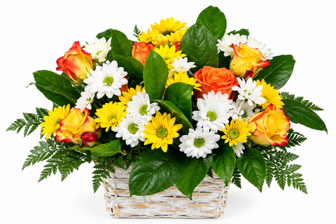 Panier floral composé de roses jaunes, roses orange, fleurs jaunes et fleurs blanches.