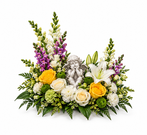 Piqué floral – Roses jaunes, lys blancs et fleurs mauves : L7