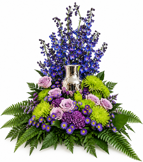 Arrangement floral pour urne funéraire avec roses rouges et roses, orchidées cymbidium, œillets, chrysanthèmes verts et fleurs bleues dressées à l’arrière.