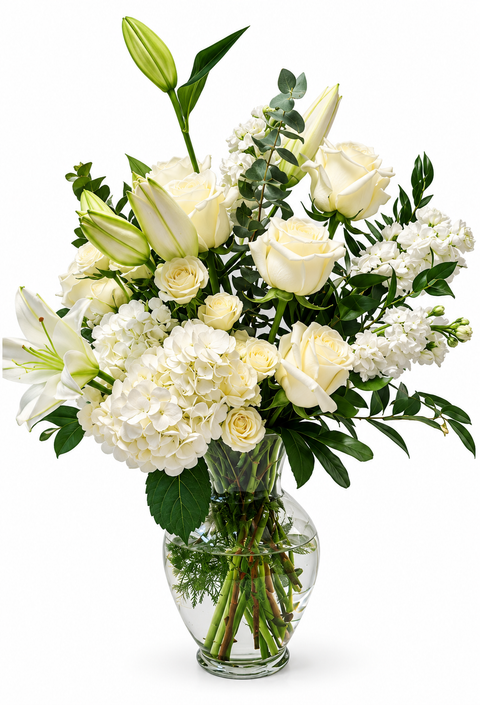Douceur Neige – Bouquet blanc en vase transparent : L9