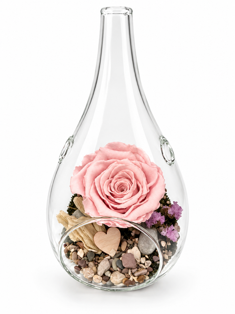 Rose éternelle rose pâle sous verre avec fleurs séchées, galets décoratifs et cœur en bois – Fleur de Guy