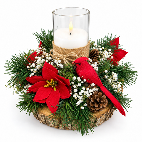 Centre de table de Noël sur une base de bois avec cardinal rouge, poinsettia artificiel, bougie lumineuse sous verre, branches de conifères artificielles, petites fleurs blanches et pommes de pin – Fleur de Guy