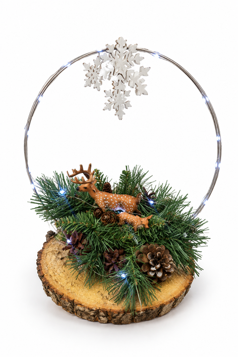 Centre de table de Noël sur une base de bois avec deux cerfs décoratifs, branches de conifères, pommes de pin, cercle métallique lumineux et flocons blancs – Fleur de Guy