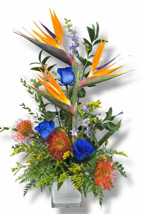 Arrangement exotique avec oiseaux du paradis, roses bleues et fleurs tropicales dans vase en verre