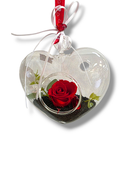 Rose rouge éternelle dans un cœur de verre suspendu avec ruban décoratif