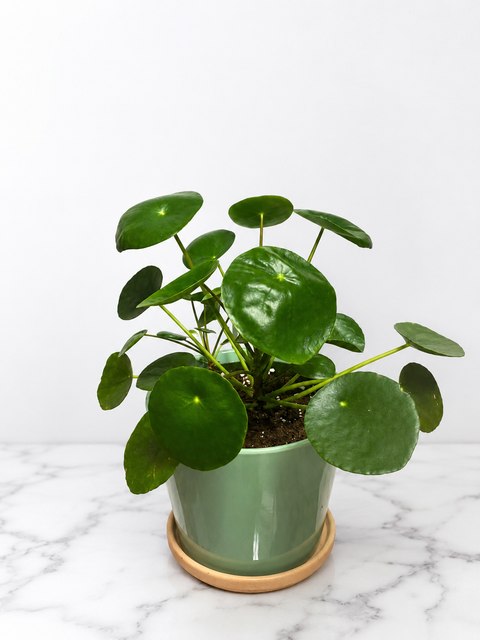 Pilea peperomioides en pot vert avec feuilles rondes, plante d'intérieur facile d'entretien disponible chez Fleur de Guy.