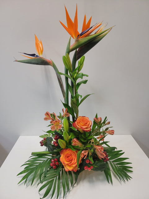 Arrangement vertical tropical avec oiseaux du paradis, roses orange, feuillage vert et baies – modèle Évasion Tropicale. Fleurs variables selon la saison.