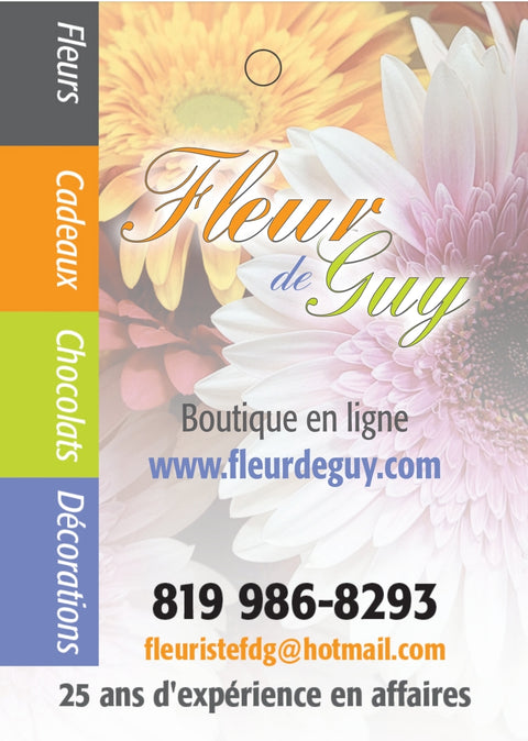 Carte cadeau Fleur de Guy sur fond floral, parfaite pour offrir à toutes les occasions.