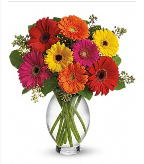 Bouquet de gerberas multicolores dans un vase en verre transparent, avec feuillage décoratif.