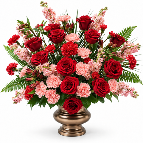 Arrangement floral funéraire Rouge Éternel composé de roses rouges, d'œillets rosés et de fleurs de remplissage avec feuillage vert fougère, présenté dans une urne.
