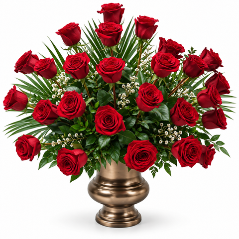 Arrangement floral funéraire Amour Solennel composé de 24 roses rouges dans une urne avec feuillage vert et palmes décoratives.
