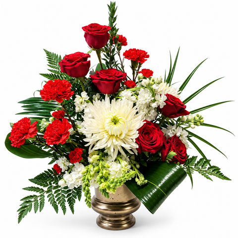 Arrangement funéraire Hommage Céleste composé de roses rouges, d'œillets rouges, de chrysanthèmes blancs et de fleurs blanches de saison dans un vase classique.