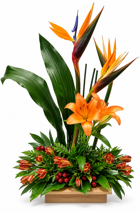 Évasion Tropicale – Arrangement vertical avec oiseaux du paradis : L24