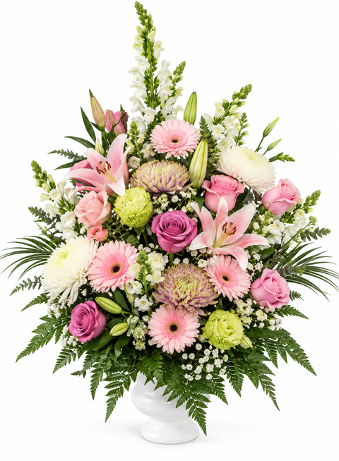 Arrangement floral Tendresse Rose aux tons pastel composé de roses rose pâle, de lys blancs, de gerberas roses, d'alstroémères et de verdure fraîche dans un vase ornemental.
