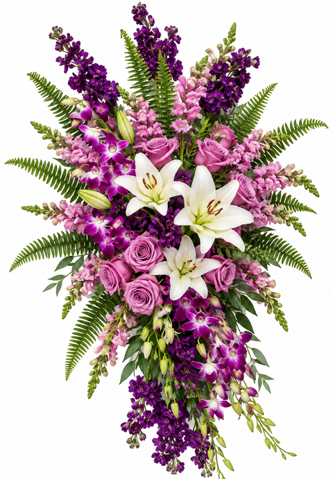 Gerbe funéraire Élégance Boréale composée de lys blancs, roses mauves, chrysanthèmes bordeaux, mufliers et eucalyptus, montée sur support.