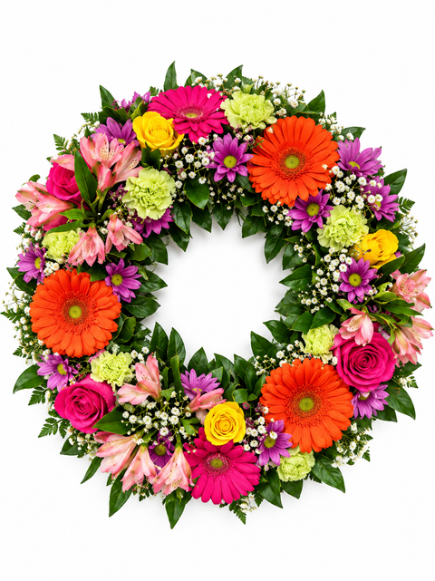 Couronne funéraire colorée composée de gerberas orange, de roses roses et jaunes, d’alstroemerias, de chrysanthèmes et de feuillage généreux.