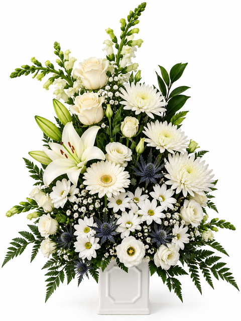 Arrangement funéraire blanc et bleu composé de gerberas, roses, chrysanthèmes, mufliers et chardons d’Éryngium dans un contenant blanc.
