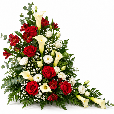 Arrangement funéraire Hommage Rubis avec roses rouges et fleurs blanches