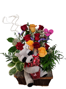 Panier cadeau avec deux plantes, une douzaine de roses, des toffees et une peluche