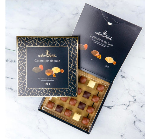 Assortiment de chocolats fins – framboise, caramel et noisette